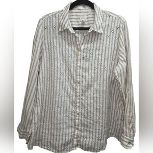 Chico's Linen Striped Embroidered Button Down Shirt Large Eyelet Coastal Classic